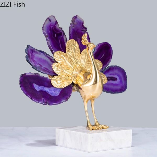 

decorative objects & figurines metal simulation animal peacock bird agate statue golden marble base modern home decoration handicraft furnis