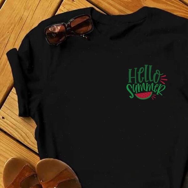 

hello summer letters watercolor fruit print women black t shirt female streetwear girls casual fashion tee, White