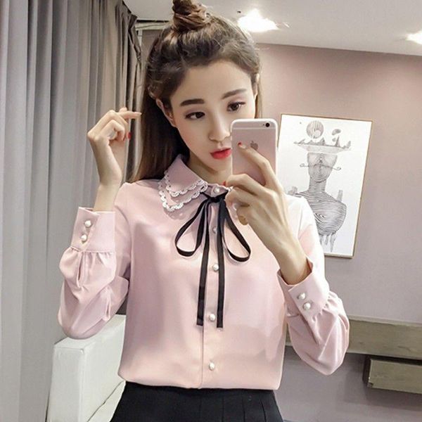 

women spring autumn style vintage blouses shirts lady casual long sleeve turn-down collar pink white blusas df3089
