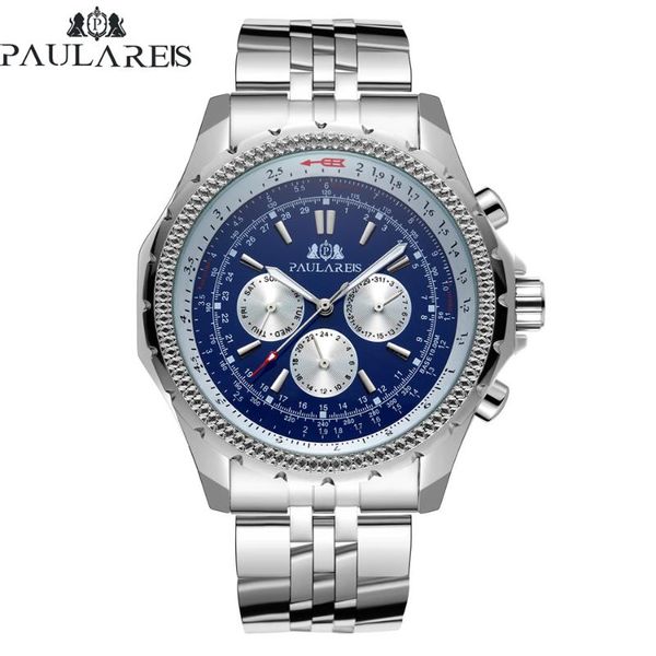 

wristwatches automatic self wind mechanical stainless steel strap luxury dress blue black white dial business men watch, Slivery;brown
