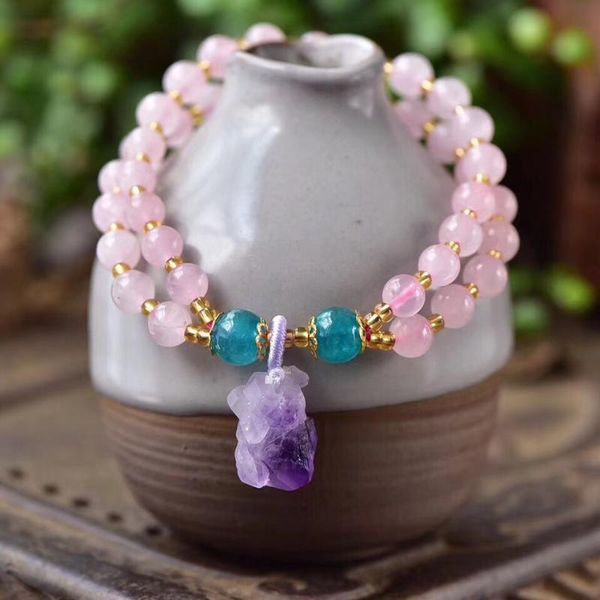 

beaded, strands natural powder crystal single ring double-layer bracelet embellished with amethyst cluster pendant women's hand string, Black