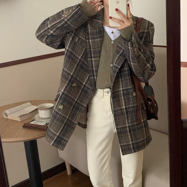 

autumn spring jacket women suit coats lapel commute outwear casual korean version jackets simplicity blazer woolen plaid, White;black