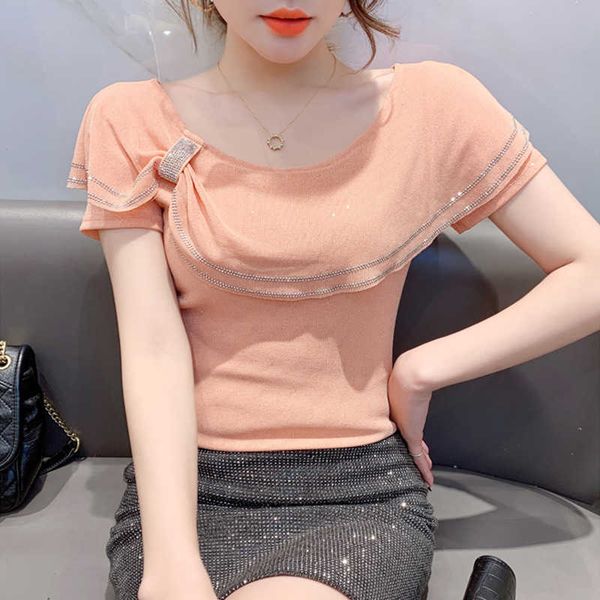 

new 2021 summer short-sleeve mesh shirt fashion casual ruffles blusas plus size women's t-shirt clothing y0621, White