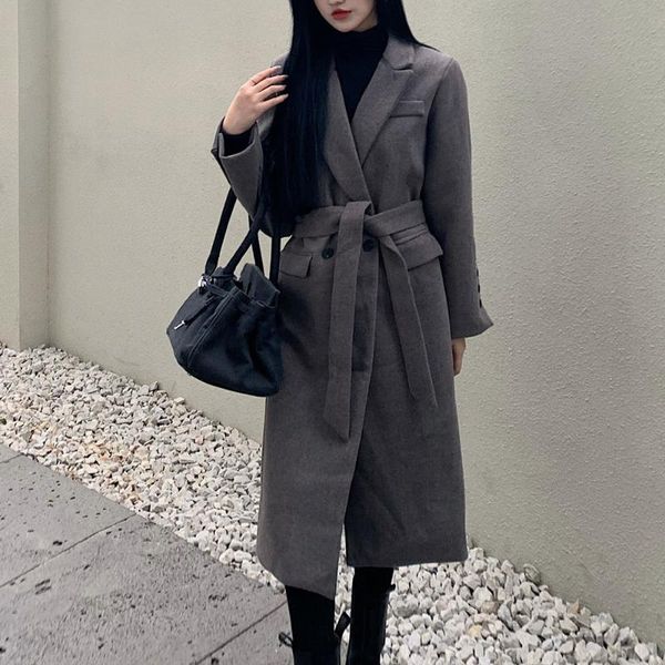 

women's wool & blends korean version japanese overcoat autumn winter fashion temperament rebuttal collar pocket long sleeve woolen coat, Black