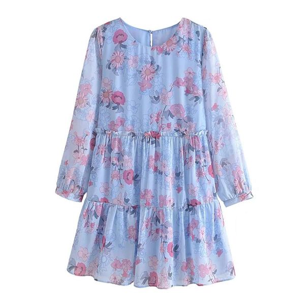 

casual dresses merodi women elegant flower print high waist blue mini female o-neck three quarter sleeve spring autumn dress, Black;gray