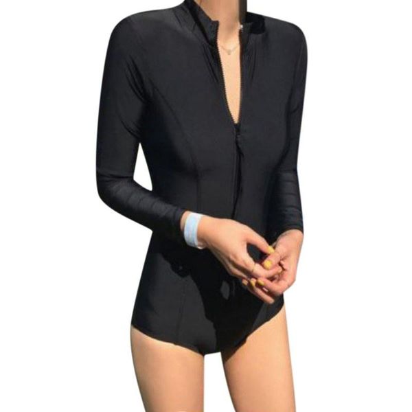 

feminine slim long-sleeved zipper triangle one-piece swimsuit push up swimwear solid color monokini bodysuit bathsuit swim wear