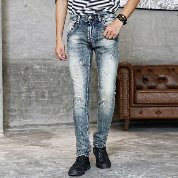 

2021 new italian style fashion men jeans retro blue slim fit denim distressed ripped trousers vintage designer cotton pants f9d