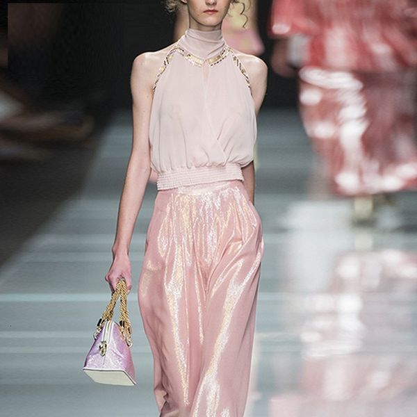 

2021 new runway designers elegant pink set women summer chiffon pants two piece outfits j8bl, Gray