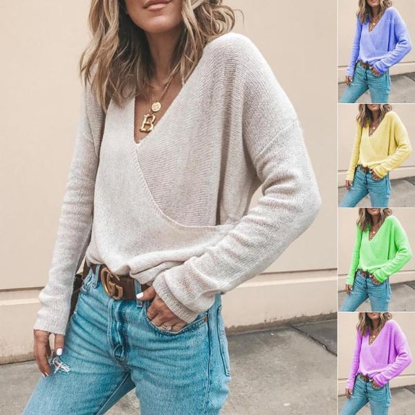 

autumn winter women's knitwear solid color v-neck minimalist wrapped knitted sweater pullover sweaters, White;black