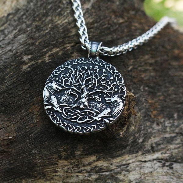 

pendant necklaces 1pcs viking wolf necklace two wolves sigil commissioned celt stainless steel tree of life and world jewelry, Silver