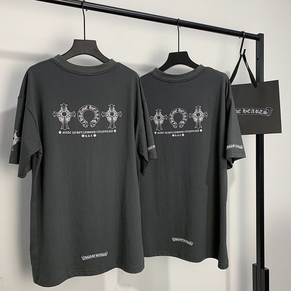 

2021 summer new men's and women's horseshoe fashion brand sanskrit cross short sleeve loose t-shirt, White