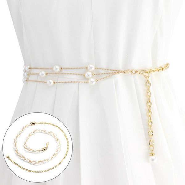

belts fashion pearl waist belt chain women elegant beaded dress decorative for thin waistband ladies clothing accessories, Black;brown