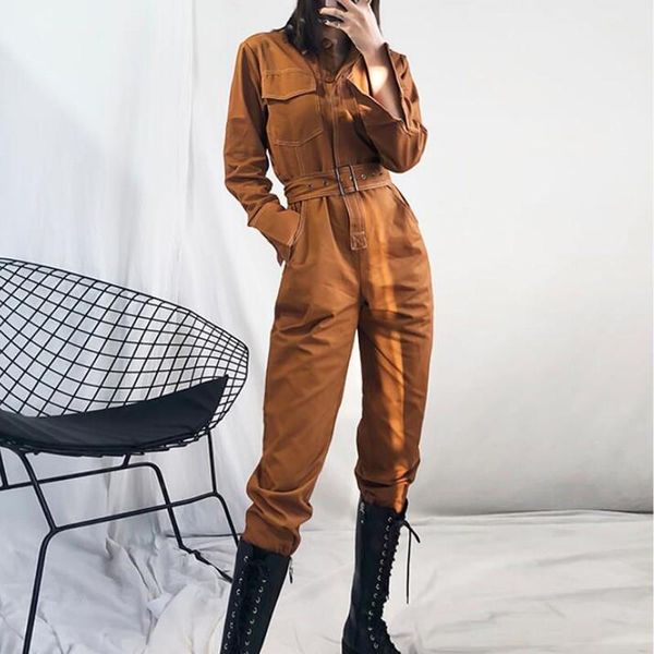 

women's jumpsuits & rompers fall women cargo long sleeve casual jumpsuit streetwear pockets ladies solid belt loose overalls, Black;white