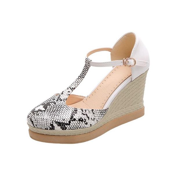 

serpentine stitched vintage wedge heelswomen sandals summer round toe heel ladies cover heel pumps shoes size 33-44 20-56, Black