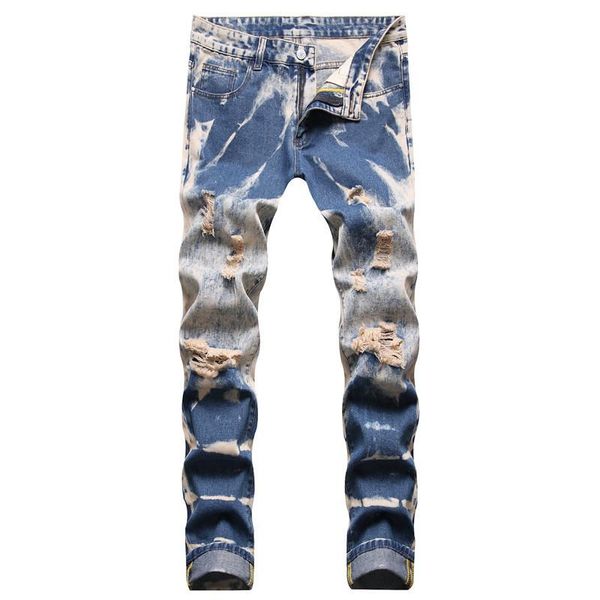 

men's jeans kimsere man fashion tie dye ripped pants hi street destroyed denim trousers streetwear distressed bottoms plus size 28-42, Blue