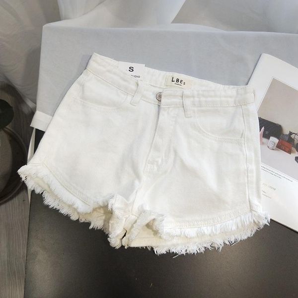 

women's jeans 2021 spring and summer style practical easy to match / show thin solid color retro high waist fringed denim shorts, Blue