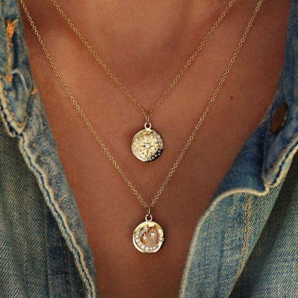 

designer necklace luxury jewelry fashion boho star moon necklace double layered gold chain choker coin women accessories collares femme2021, Silver
