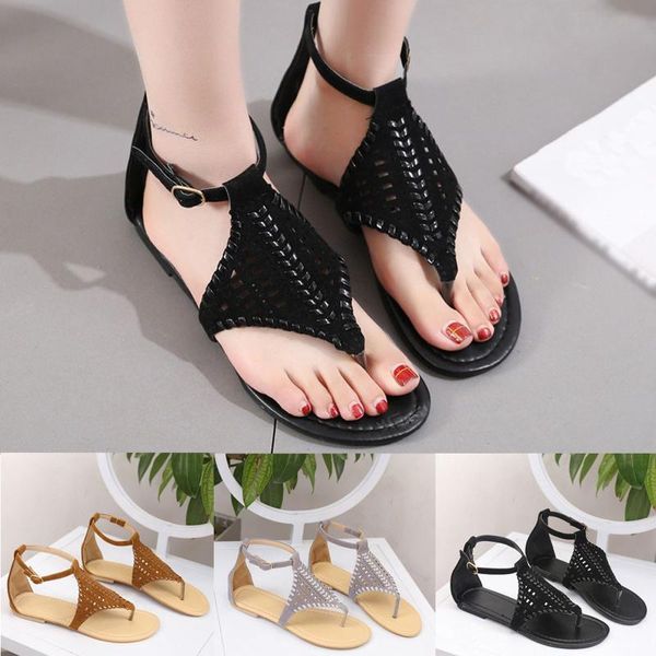 

sandals women flip flop summer plus-size shoes braided hollow out plaid flip-flops flat low heel non-slip beach slipper, Black