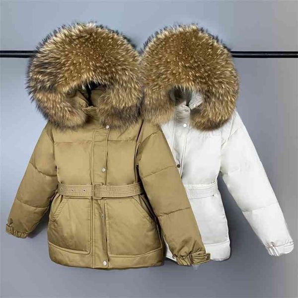 

winter women 90% white duck down coat large natural fur collar hooded jacket thickness warm khaki parkas with belt 210923, Black