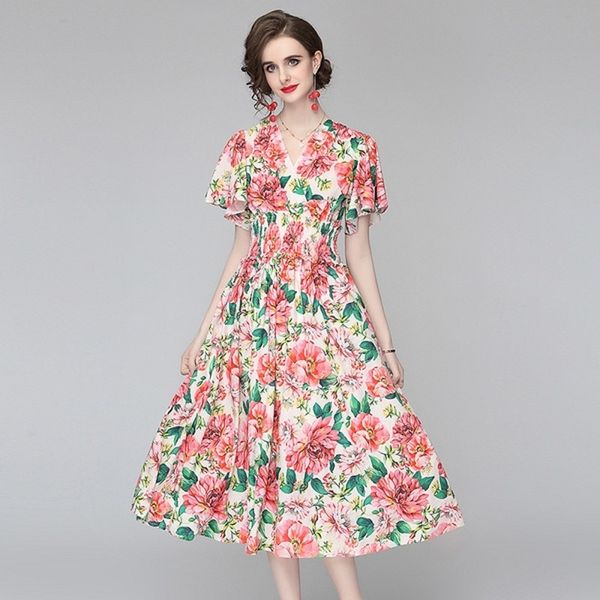 Летние мода женщины V воротник лотос листьев с короткими рукавами нерегулярные женские цветочные печать упругие талии повседневное платье 210531
