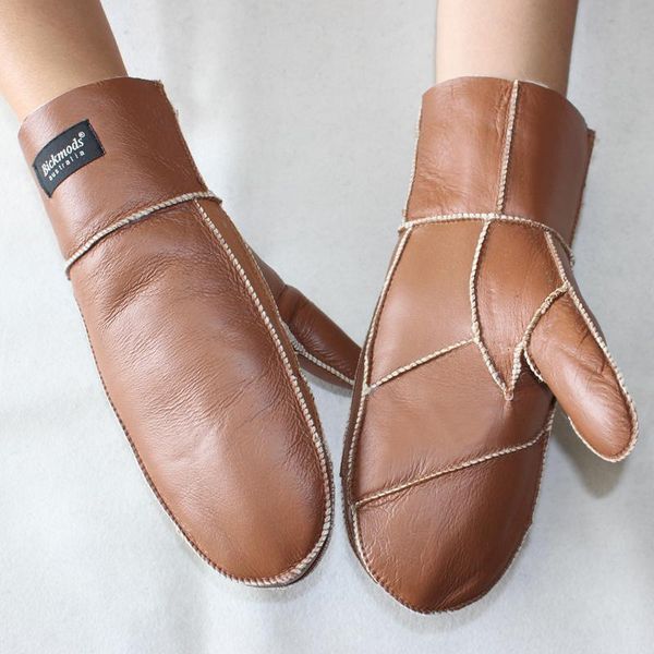 

five fingers gloves leather women' fur winter sheepskin stitching thick warm wool lining cold-proof mittens, Blue;gray