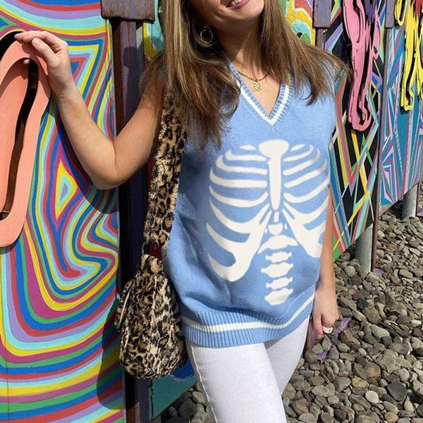 

women's sweaters autumn winter loose jumper y2k skeleton print v-neck knitted vest sweater women casual sleeveless pullover, White;black