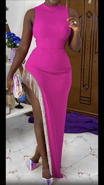 

new winter fashion sleeveless tassel diamonds pink long bodycon bandage 2021 elegant evening party vestidos 0v71, Black;gray