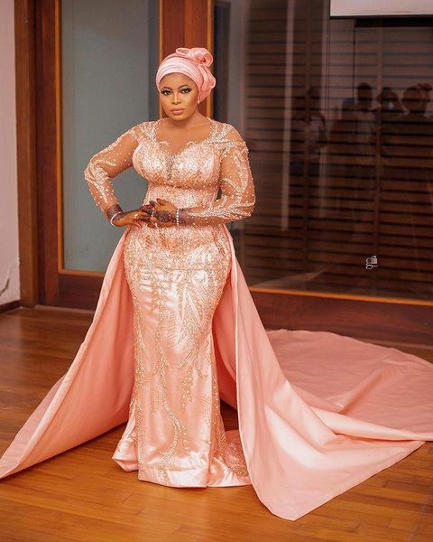 

luxury pink aso ebi style mermaid prom dresses with overskirt train long sleeves lace appliques beaded plus size formal evening occasion gow, Black