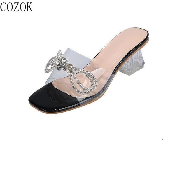 

slippers mature women's with heels transparent uppers fashionable and simple bows embellished trendy shoes, Black