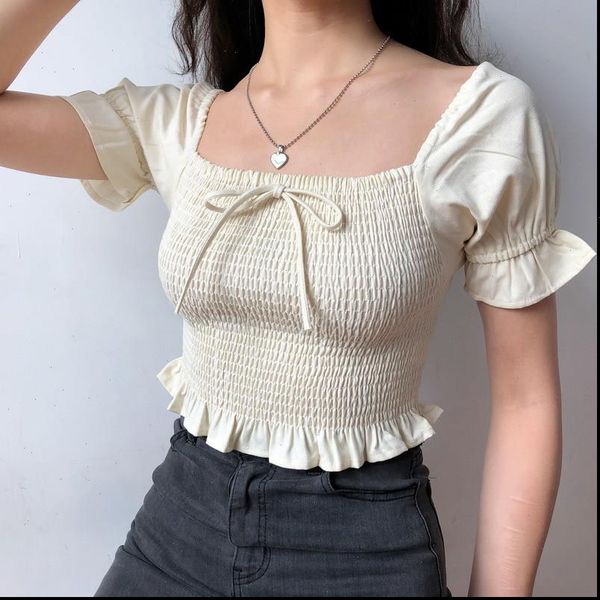 

square neck puff sleeve woman blouses shirts slim sweet bow short sleeve summer 2021 women short, White