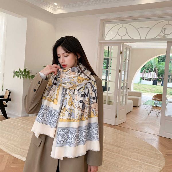 

imitation cashmere printed long thickened warm shawl fashion versatile scarf women's autumn and winter, Blue;gray