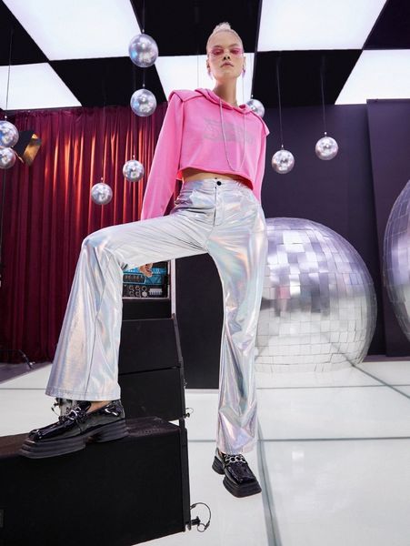 

flare leg metallic pants y6tk#, Black;white