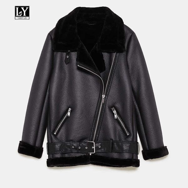 

ly varey lin women faux sheepskin coat winter vintage leopard print motorcycle female lamb leather warm thick outerwear 210526, Black