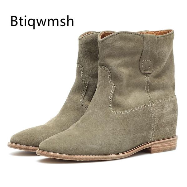 

boots 2021 green suede ankle women round toe black beige real leather 6cm height increase flat ladies cowboy western