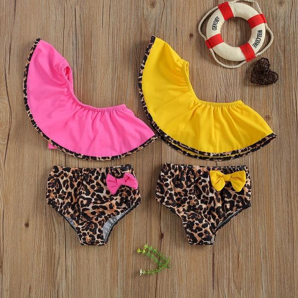 

2021 summer kids baby girl one shoulder cape collar bow leopard swimsuit two pieces bikini set beachwear bathing suit, White
