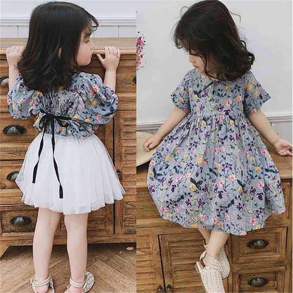 Verão menina algodão flor pequena vestido fresco dois estilos manga curta moda bowtie ruched por 2-6 anos de idade crianças roupas 210528