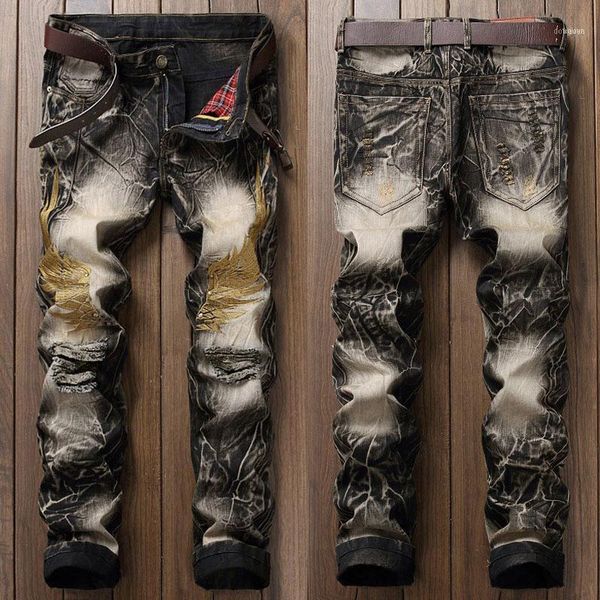 

embroidery jeans men skinny frayed ripped denim pant casual bike trouser1, Blue