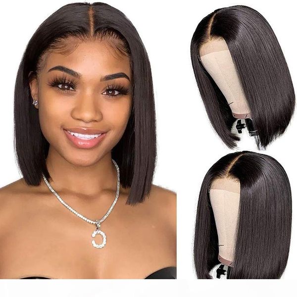 

short straight bob wig 4*4 lace 8-14 inch lace closure wig pre plucked hairline for black women hair remy hair, Black;brown