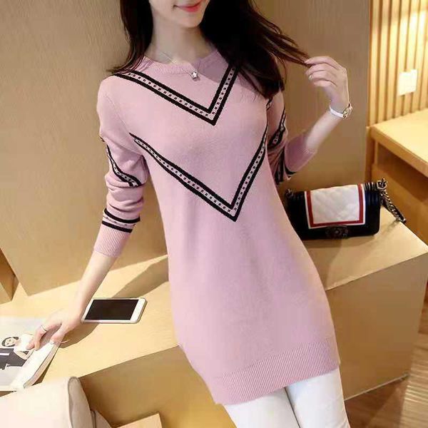 

women's sweaters bl-46 mid-length short skirt round neck long-sleeved knitted bag hip bottoming dress striped slim sweater, White;black