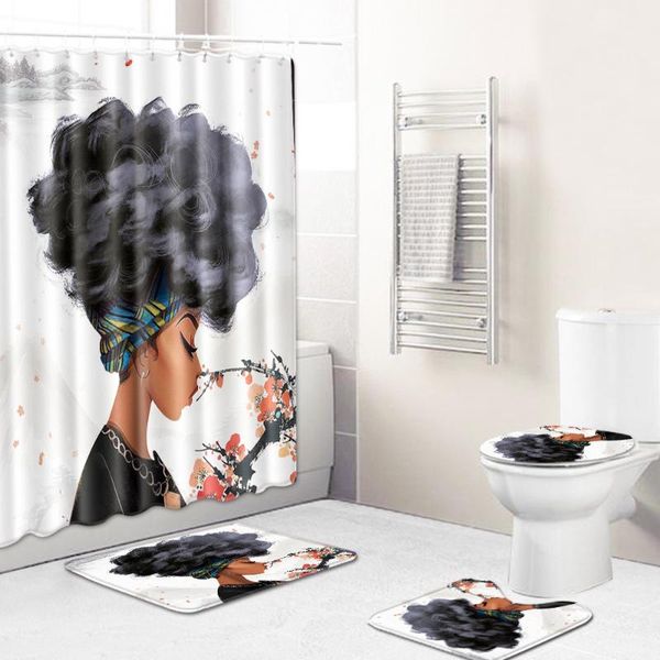 

africa girl 4pc set waterproof shower curtain bathroom 180x180 bath curtains closestool mat valentine's day home decor