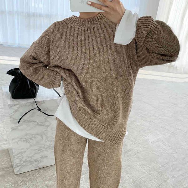 

women's two piece pants [ewq] korea chic casual trend women o neck pullover long-sleeved sweater + fashion loose trousers 2 set 16e2403, White
