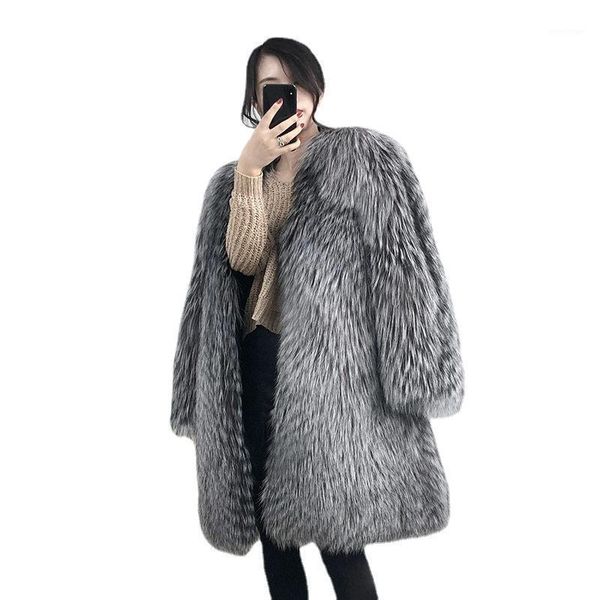 

women's fur & faux s-9xl women winter clothing plus size imitation hair long coat casual windbreaker, Black