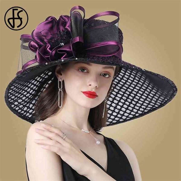 FS Purple Ladies Fascinator Cappelli Wedding Kentucky Derby per le donne Flower Large Wide Brim Fedora Organza Hat Church 210608