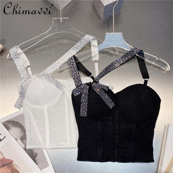 

women's tanks & camis 2021 summer fashion women solid color sleeveless vest thin strap rhinestone short camisole, White