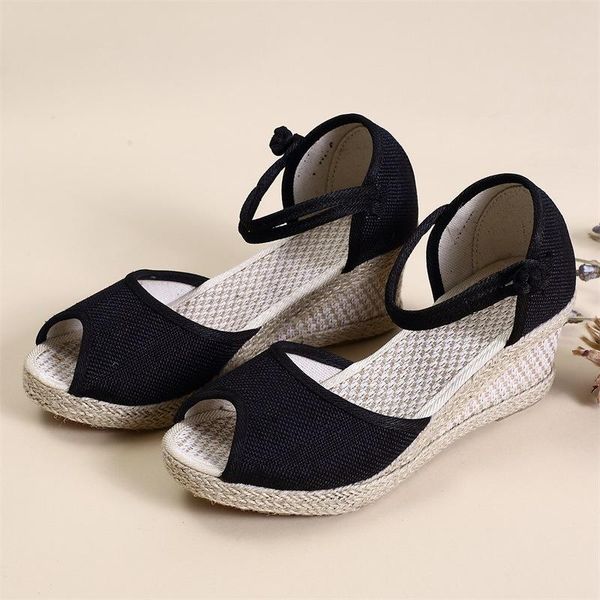 

sandals handmade women wedge espadrilles platform 5cm heel comfort bohemian ladies summer shoes, Black