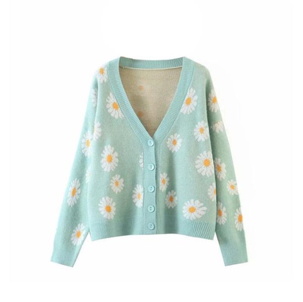 

women's knits & tees button down cardigan sweet long sleeve v neck floral print knit sweater, White