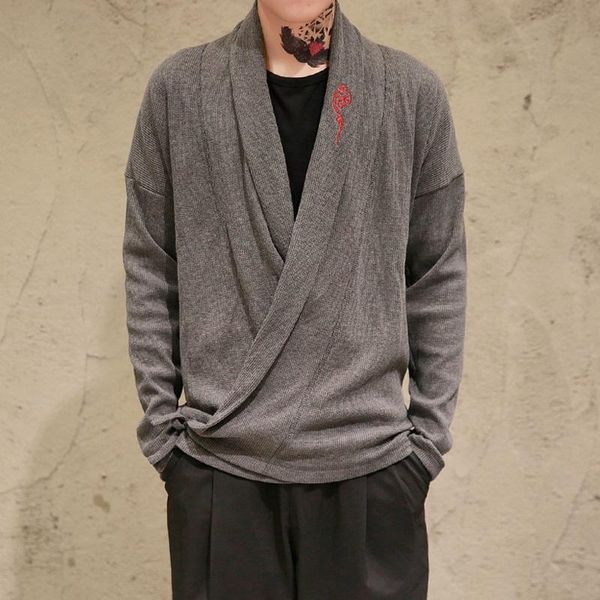 

ethnic clothing men traditional chinese sweater embroidered hanfu kimono cardigan loose casual coats streetwear clothes 30589, Red