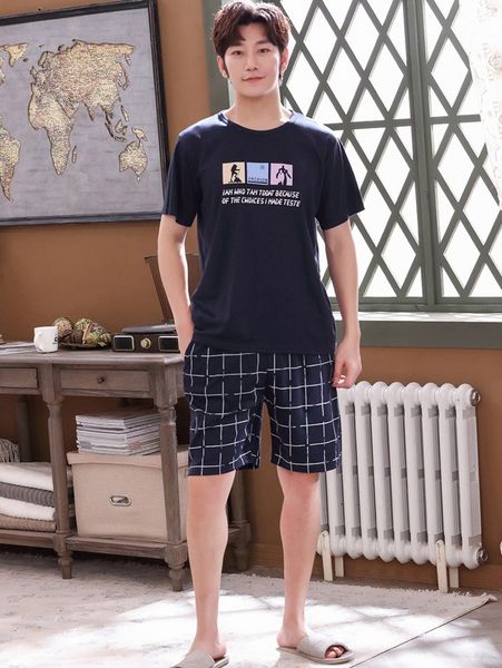 

men letter graphic tee & plaid shorts pj set n9g3#, Black;brown