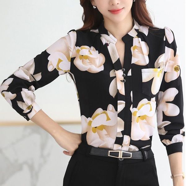 

women autumn flower printed blouse shirts fashion casual long sleeve v neck chiffon blouses women elegant shirt office lady top, White