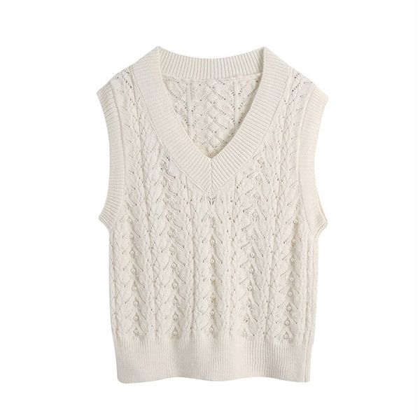 Doce Mulheres Sólida Sweater Vest Fashion Senhoras Pérola Malha Tops Elegante Feminino Chique Branco V-Pescoço Pullovers 210527